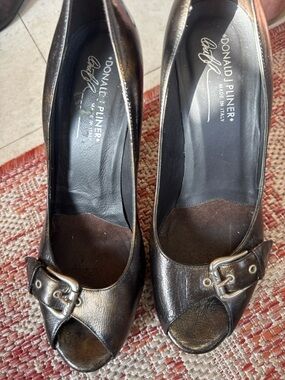Donald J. Pliner Metallic Bronze Peep-Toe Heels with Buckle